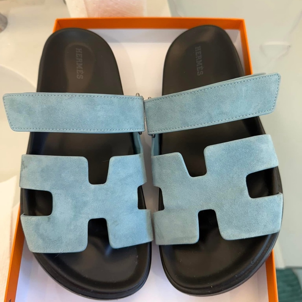Hermès Blue Chypre Suede Sandals